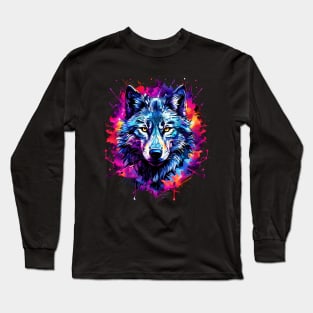 Wolf Face - Graphic design, Vibrant Colors, Colorful Art, Wolf Gift for Women, Men, Kids, Nature Lover, Wildlife, Animal, Howling, Moon, Best Gift for Wolf Lover, Long Sleeve T-Shirt